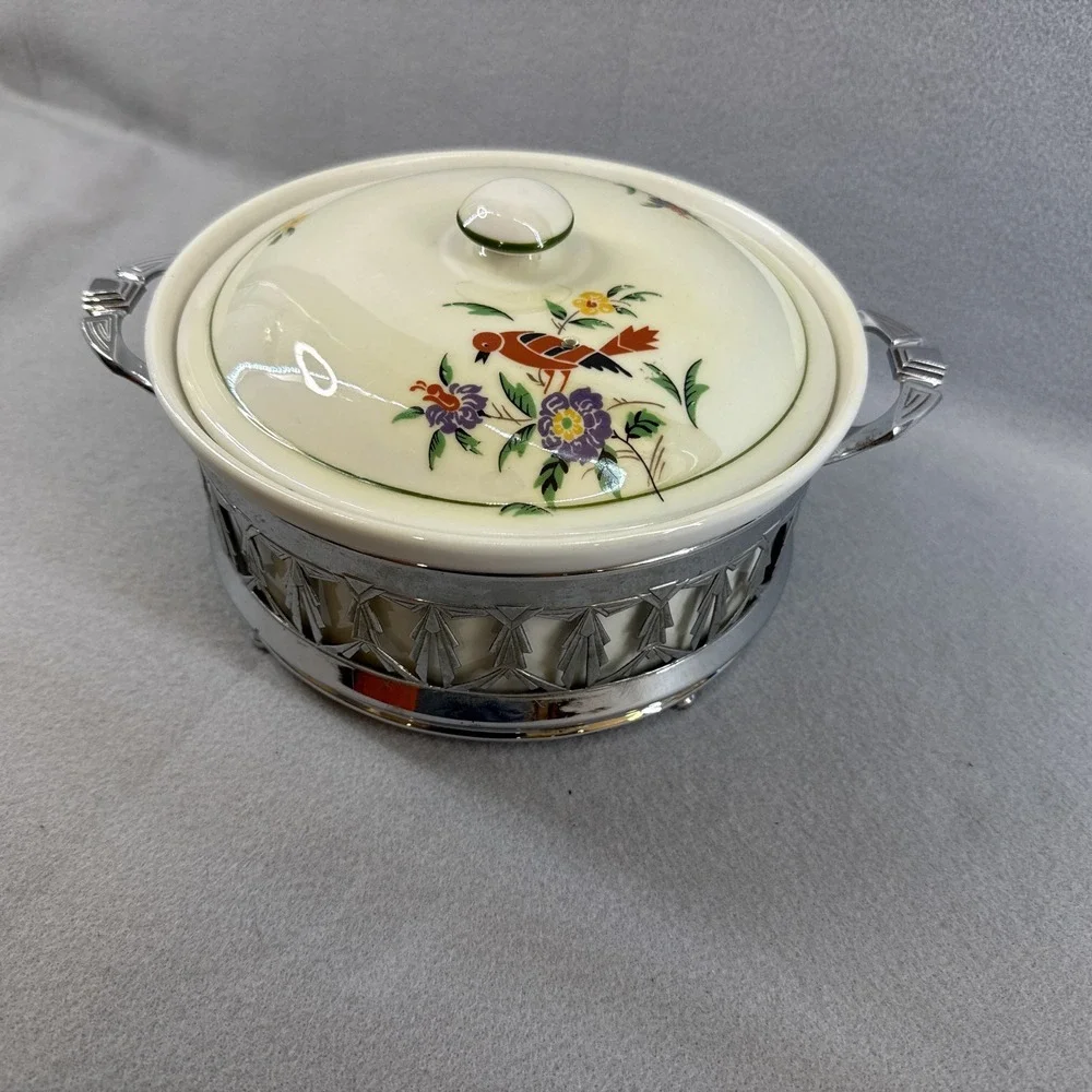 Royal Rochester Fraunfelter Royalite Luster Covered Casserole Bird w/ Stand